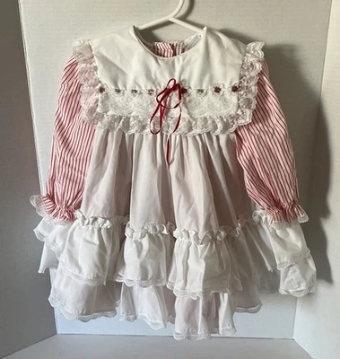 Vestido Bryan Vintage 3T Rojo Blanco Rayas Dos Piezas Delantal Volantes Encaje Navidad Foto 1 de 4