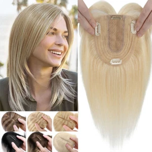 Women Topper 100% Remy Human Hair Top Toupee Piece Clip in Silk Base Hairpieces - Picture 1 of 53