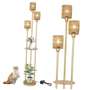 Boho Floor Lamp with Shelves, 3-Lights Farmhouse Tall Floor Gold-Rattan Shade - Picture 1 of 8