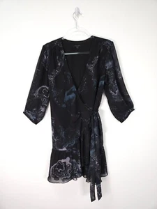 Abito AllSaints Medium Nero Giada Hatsukoi Corto Marmo Avvolgente Mini Orlo Increspato - Foto 1 di 12