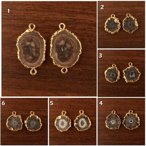 Pequeño par de conectores de pendientes de cuarzo solar natural marrón galvanizado en oro hágalo usted mismo - Imagen 1 de 19