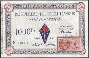 France - billet de 1000 francs Rassemblement du peuple français 1947 SPL ! - Bild 1 von 2