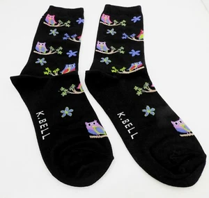 Owl Socks Black Ladies Crew Length Owls On Branches Cotton Blend K Bell - Picture 1 of 7