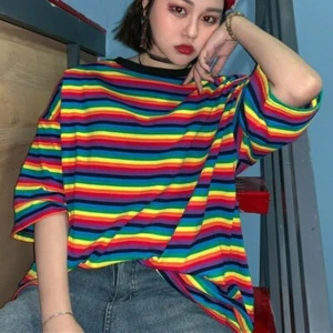 Lady Rainbow Stripe T-shirt Loose Casual Short Sleeve Top Harajuku Fashion Baggy - Picture 1 of 7