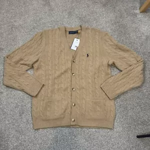 Polo Ralph Lauren Herren beige Wolle Kaschmir Zopfmuster Strickjacke L neu mit Etikett UVP £209 - Bild 1 von 7