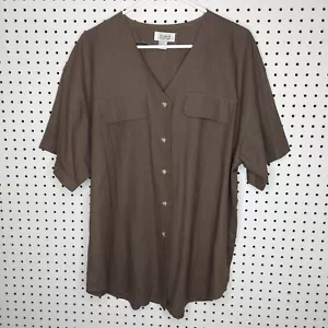 Sostanza Silk Button Shirt Womens 20W Brown Textured V-Neck Short Sleeve Pockets - Picture 1 of 4