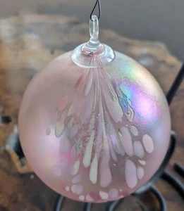 iridescent Blown Glass Pink/White Globe Ornament 3.5" - Picture 1 of 7