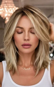 Parrucca Bob Ondulata Balayage Beige Bionda Evidenziata 100% Capelli Umani Pizzo Parrucche Frontali - Foto 1 di 4