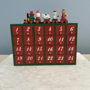 Wooden Advent Calendar Box 24 Drawers Red Green White Train Snowman Santa - Picture 1 of 24