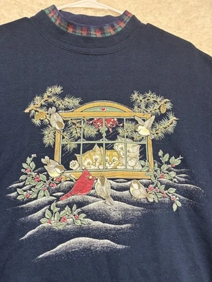 复古 Morning Sun 卫衣女式 XL 蓝色圣诞小猫鸟美国 90 年代 — 第 1/4 张图片