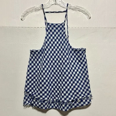 Женский многоярусный топ с бретелью через шею с необработанным подолом American Eagle размер S синий белый клетчатый коттедж - Изображение 1 из 4