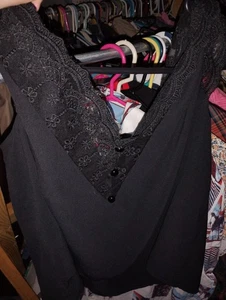 1xl shein cropped blouse buttons lace polyester women's basic black - Picture 1 of 2