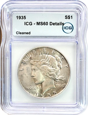 1935 Peace S$1 Silver $1 Dollar ICG MS60 Details Uncirculated Cleaned - Image 1 of 3