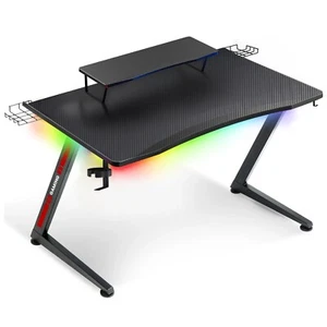 Z-Shaped Gaming Desk with RGB Lights Carbon Fiber Surface Monitor Stand - Picture 1 of 8
