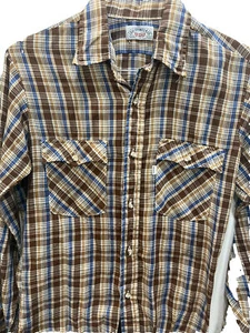 Vintage Levi’s Western Shirt Wavy Pockets Men’s Med Brown Plaid 1970’s 1980’s - Picture 1 of 5