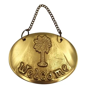 Vintage Brass Welcome Sign Palm Tree Wall Door Hanging Decor Coastal 4.75"x3.75" - Picture 1 of 5