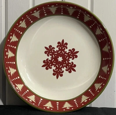 LARGE 9” Serving Bowl Centerpiece Christmas Holiday White Trees Red Snowflake - Image 1 of 4