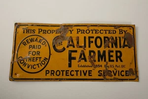 California Farmer Sign (R4A/JSF6) Property Protected By Service 1954 Tin Tacker - Picture 1 of 10