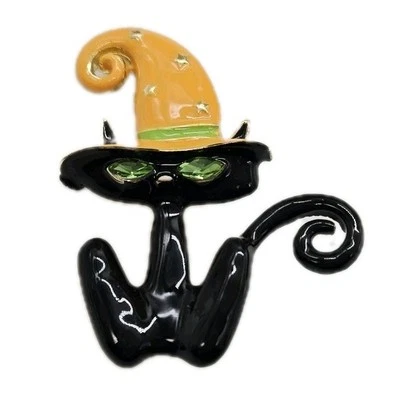 Halloween Cat Brooch Enamel Black Orange Green Crystal Eyes 2 in RARE - Image 1 of 4