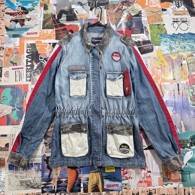 Chaqueta Combo Y2K Denim & Camo de Crown Collection XL Patchwork Jean Foto 1 de 4