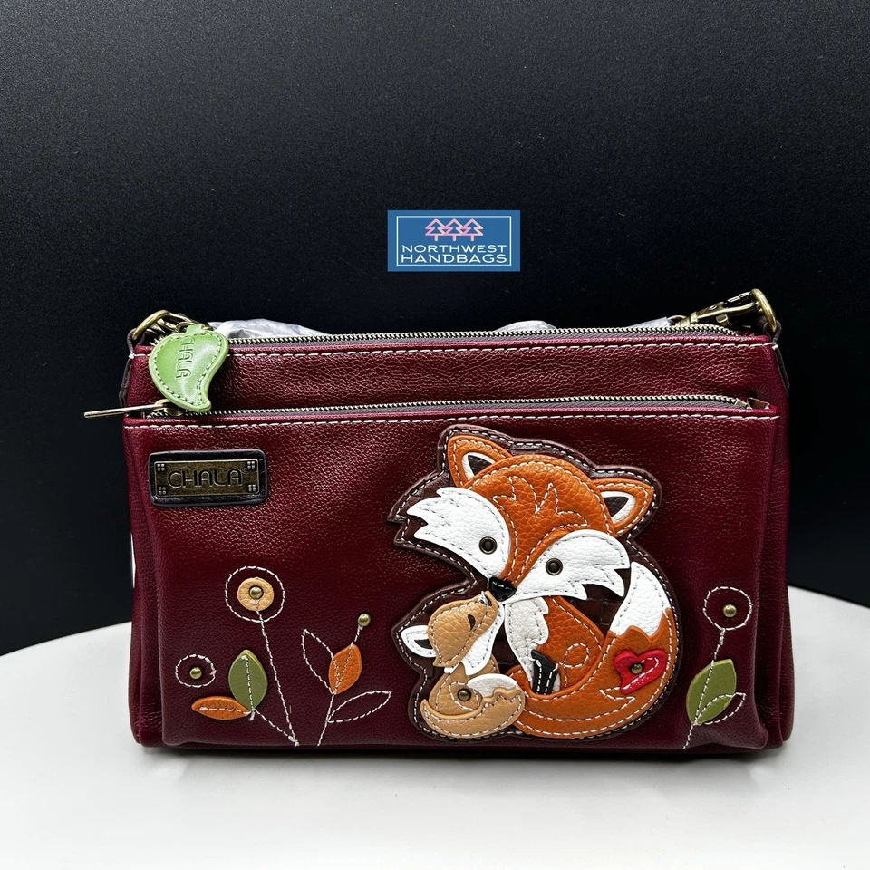 CHALA DELUXE CROSSBODY MAROON BROWN FOX FAMILY CELL PHONE PURSE BAG RFID