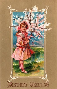 Tarjeta postal vintage en relieve niña feliz cumpleaños con rama de flor rosa B272 - Imagen 1 de 2
