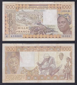 Banconota Stati Africa Ovest Senegal 1000 francs 1990 P.-707Kj BB/VF - Picture 1 of 1