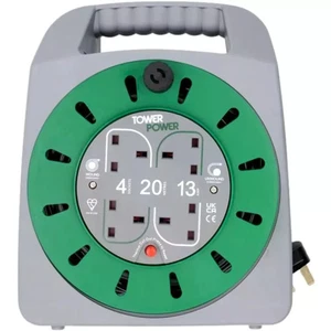Verlängerungskabeltrommel 4 Buchsen 20m 13A Tower TP22024 mit Thermo Sicherheitsausschnitt - Bild 1 von 12