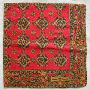 Mens Handkerchief VTG Red Cotton Brown Damask Antique Pattern Pocket Square 16" - Picture 1 of 3
