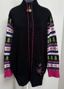 Quacker Factory Cardigan Sweater 1X Snowflake Trees Christmas Holiday Full Zip - Picture 1 of 21