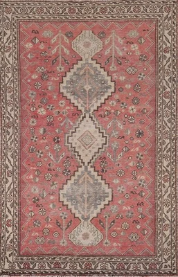  Pink Traditional Rug 4x7 Hand-knotted Wool Geometric Vintage Ideal for Any Room - Image 1 of 4