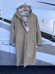 New HUNTER SAMMY Women's Small Tan Rubberized Hooded Rain Trench Coat Insulated - Picture 1 of 18