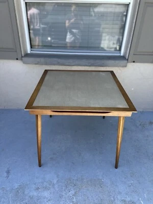 MESA DE TARJETAS DE MADERA PLEGABLE MCM STAKMORE MODERNA DE MEDIADOS DE SIGLO VINTAGE CON TAPA NARANJA Foto 1 de 4