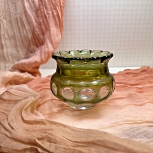 Vintage MCM Olive Green Ruffled Scalloped Edges Glass Candle Holder Thumbprint - Picture 1 of 7