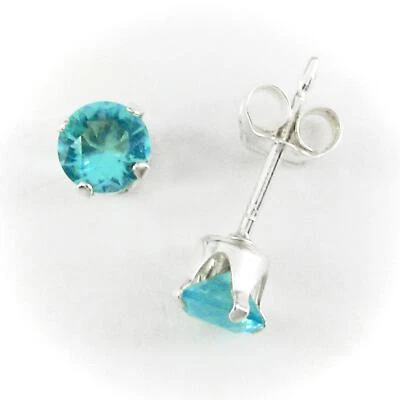Pendientes redondos de 4 mm con circonita cúbica azul aguamarina en plata de ley sólida - ¡NUEVOS! Foto 1 de 4