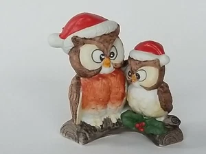 Christmas Owls with Santa Hats On A Log with Holly Figurine  - Picture 1 of 4