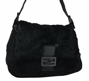 Authentic FENDI Mamma Baguette Shoulder Bag Fur Leather Black 3591A