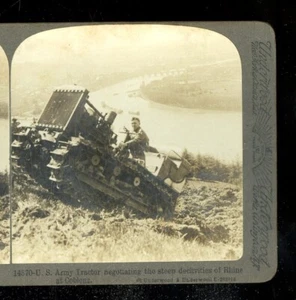 Antike WWI Stereoview Karte 3D U.S. Army Traktor besteigt das Rheinufer Koblenz - Bild 1 von 3