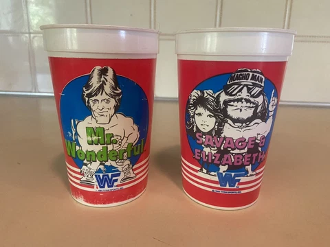 2 Vintage WWF 7-11 Plastic Cups 1985 Macho Man Elizabeth Orndorf Wwe Tumbler Ljn Cover