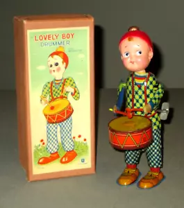 1930'S PRE-WAR JAPAN- CELLULOID WIND UP LOVELY BOY DRUMMER TIN ANTIQUE TOY-MIBOX - Picture 1 of 24
