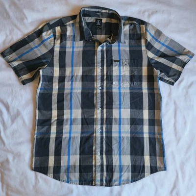 Volcom Stone Skater Blue Gray White Plaid Slim Lrg Button-up Short Sleeve Shirt - Image 1 of 4