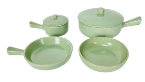 VTG 40s 50s MCM La Solana Stoneware Pottery Cookware Set Pots Pans & Bowl Green - Picture 1 of 22