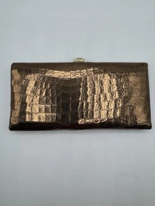 Lodis Gold Framed Bronze Metallic Textured Leather Clutch Organizer 7.5”x4” - Picture 1 of 11