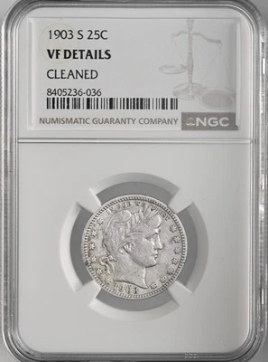 1903-S  25C BARBER SILVER QUARTER  NGC VF DETAILS "CLEANED" #8405236-036 - Image 1 of 4