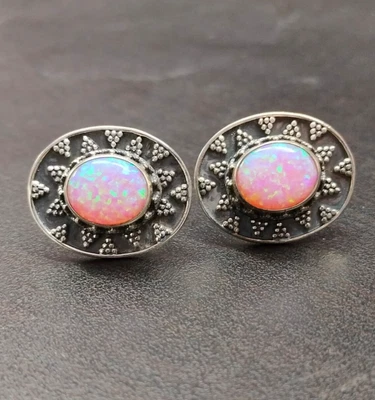 Gemelli ovali in argento sterling 925 con pietra preziosa opale di fuoco... - Immagine 1 di 4