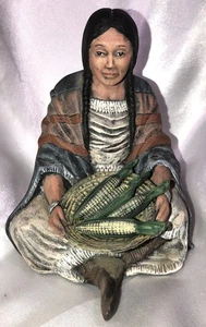 Native American Indian Woman Figurine Tribal Pottery Sitting Bowl of Corn VTG - Picture 1 of 8