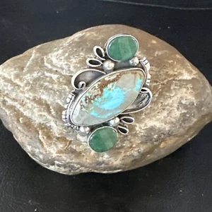 Green Turquoise Navajo Sterling Silver Cluster Ring Size 9 14843 - Picture 1 of 12