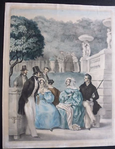 gravure couleur 19 ème par Eugène Daudet: scène de genre en costume dans un parc - Picture 1 of 5