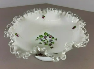 Fenton Violets in the Snow Design Glass Silver Crest Short Compote 8 inch - Picture 1 of 6