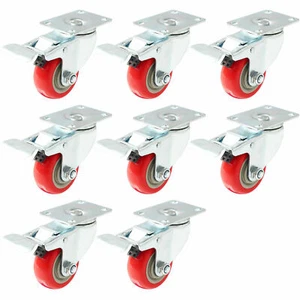 Paquete de 8 ruedas giratorias de 3 pulgadas placa giratoria con freno rojo poliuretano PU - Imagen 1 de 3
